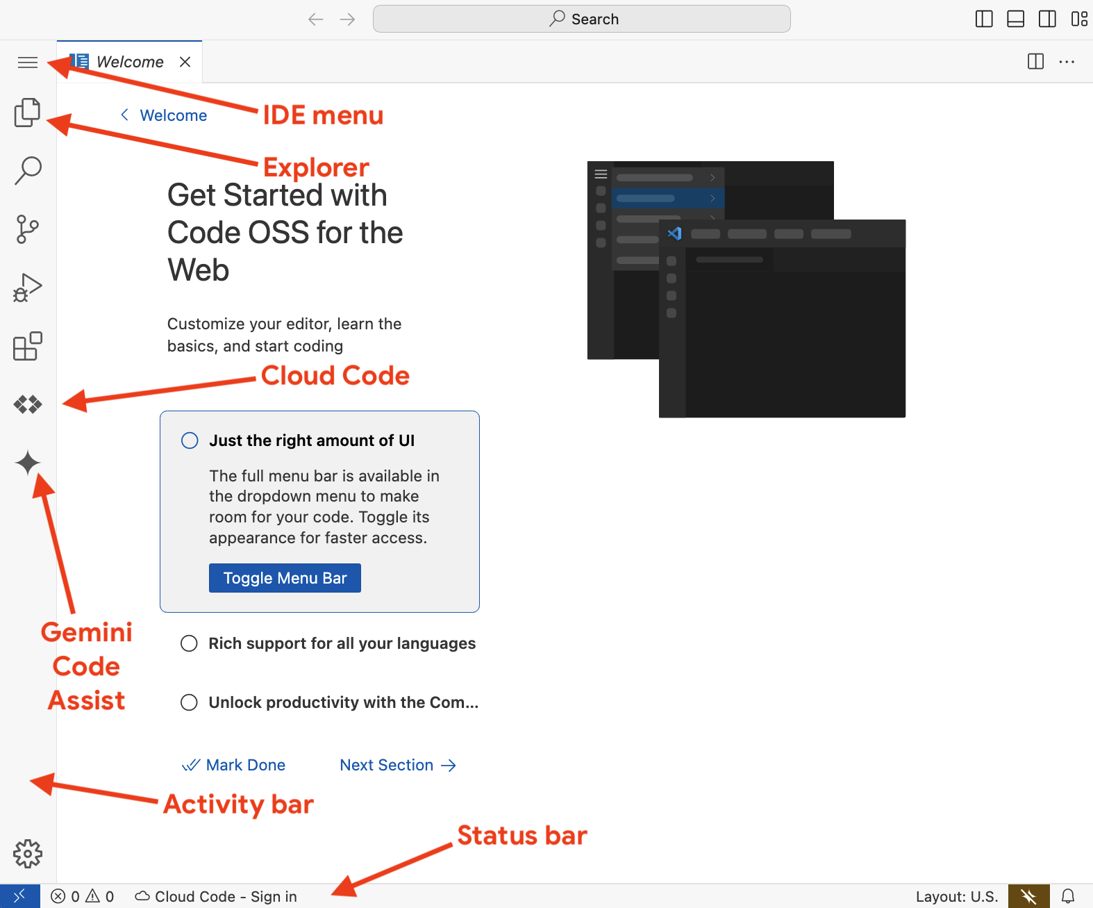 OSS IDE with highlighted activity and status bars