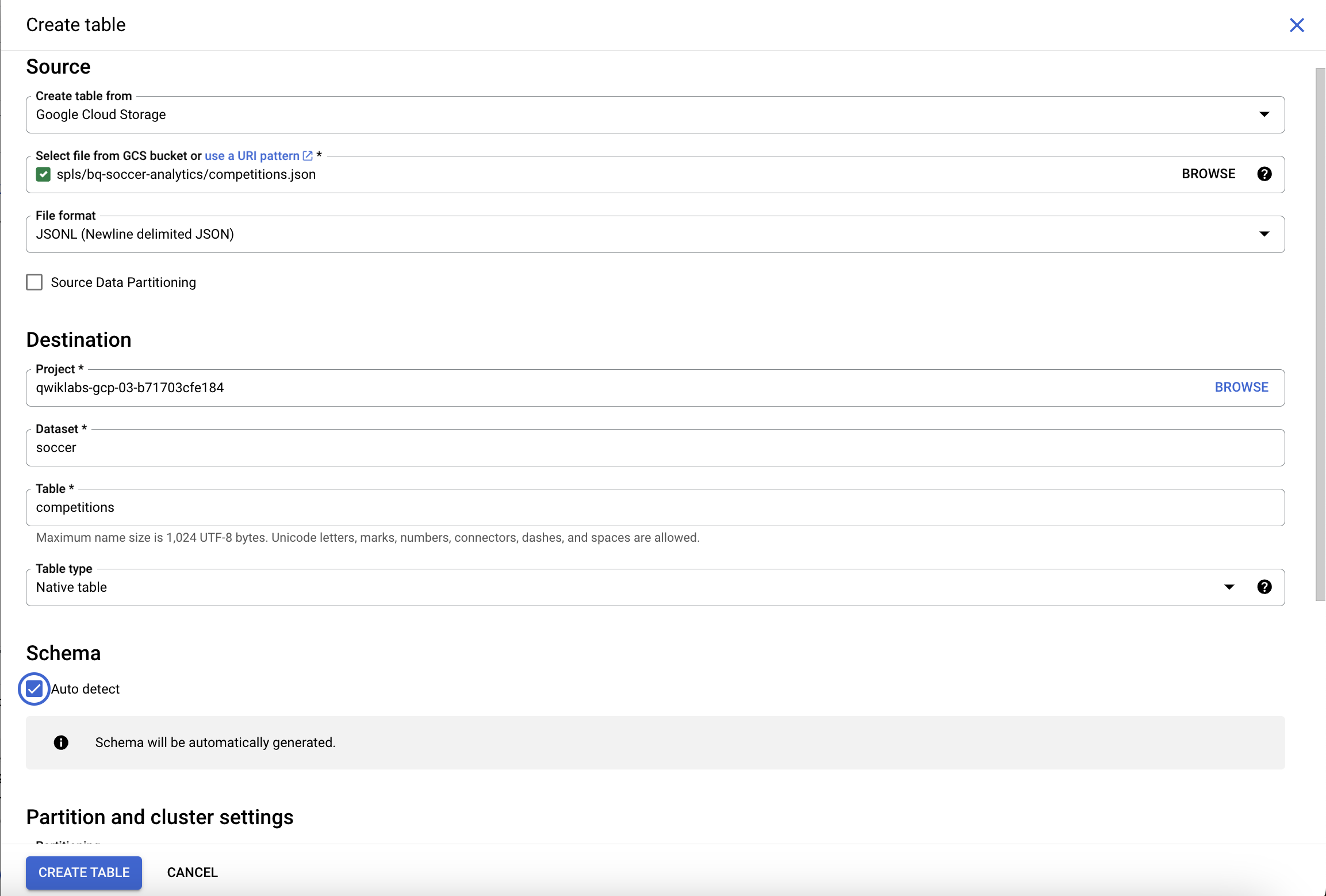 Create dataset screen with Source, Destination, and Schema sections.