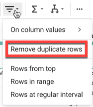 Filter rows dropdown menu with the Remove duplicate option highlighted