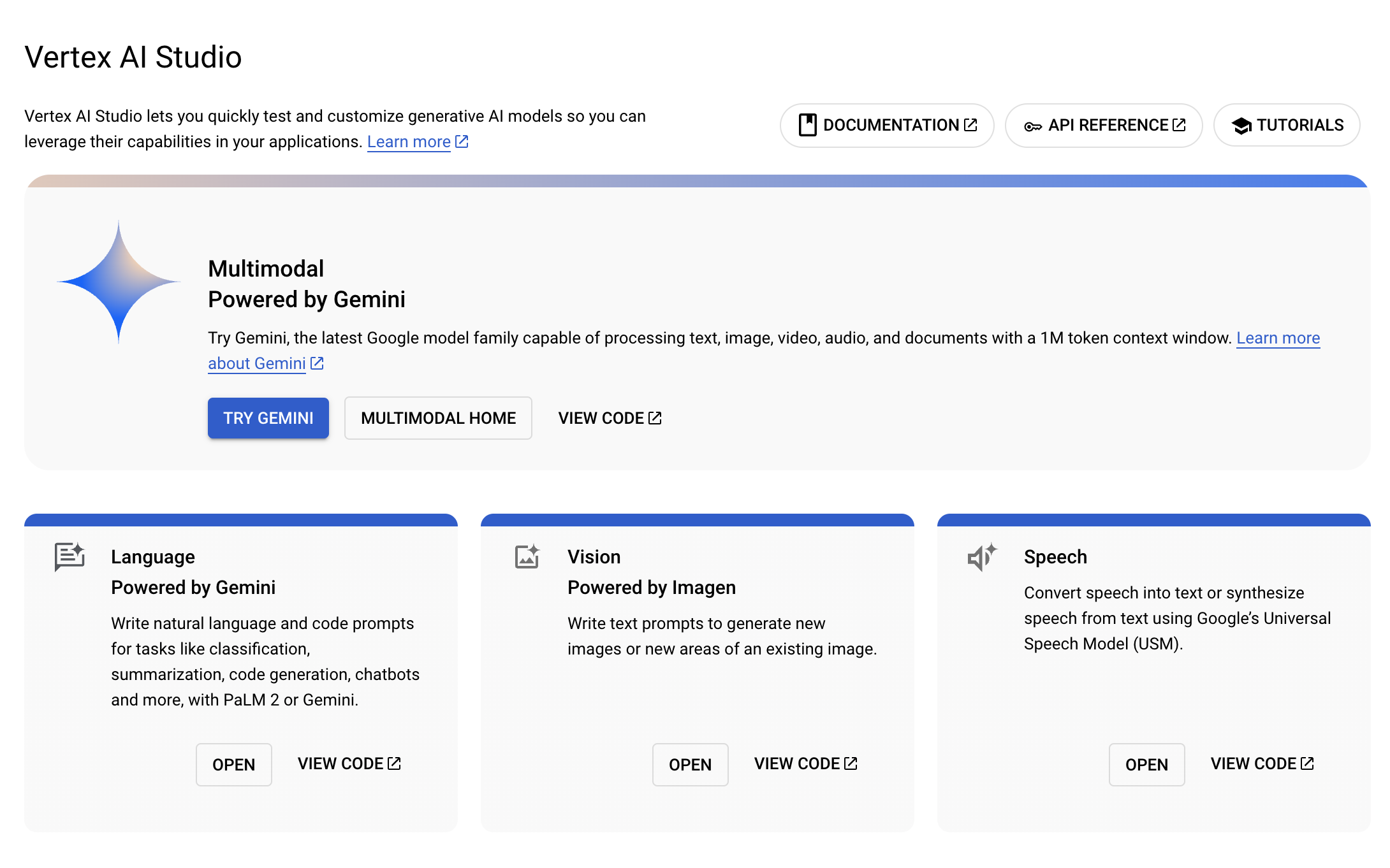 Vertex AI Studio Overview page