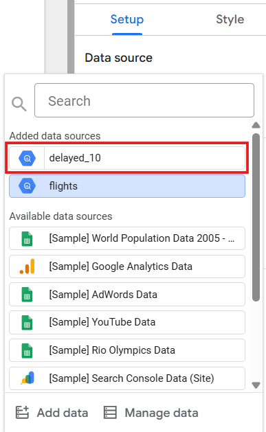 The Data source drop-down list with delayed_10 highlighted