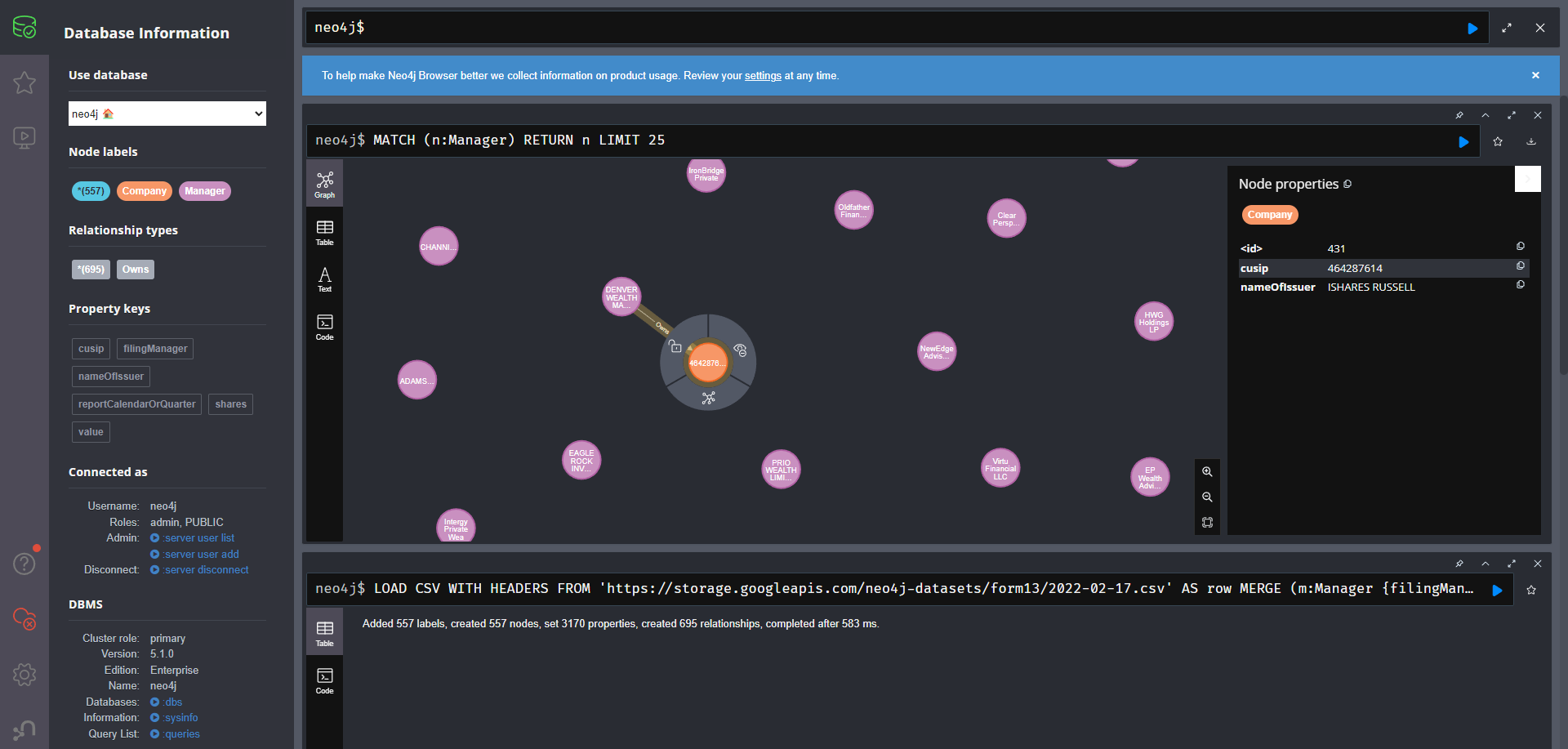 The Node properties pane, which lists info on the company.