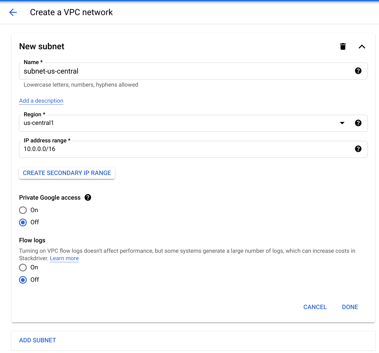 The populated Create a VPC network dialog box