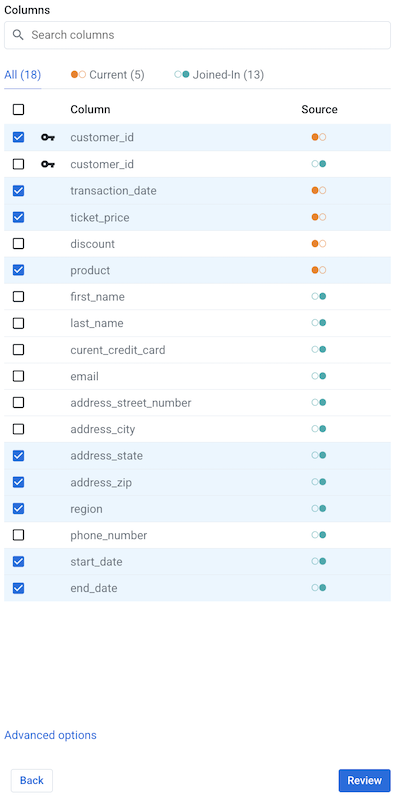 The Output columns panel displaying various checked and unchecked columns titles