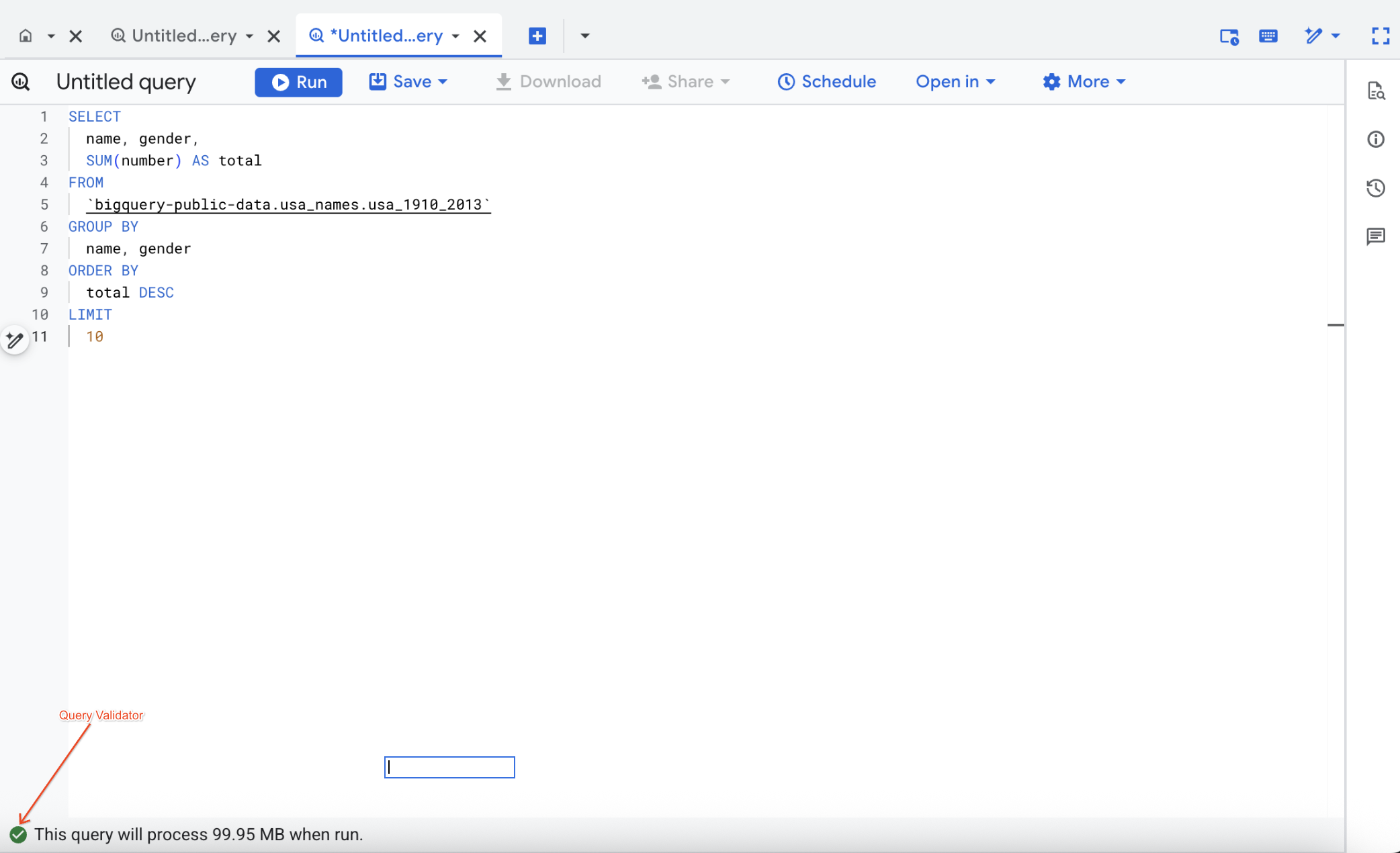 Query Editor with query validator highlighted