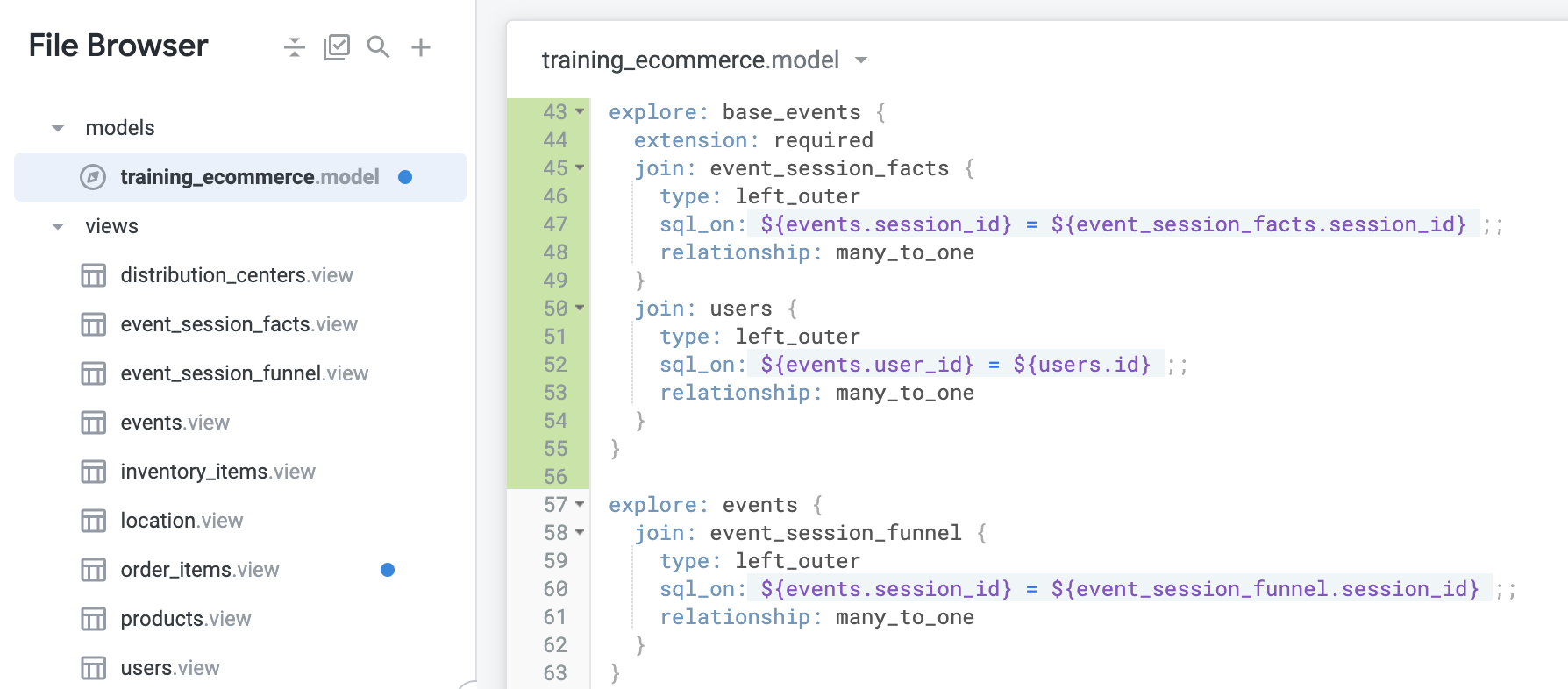 The open training.ecommerce.model file with the updated lines 43 to 56 highlighted