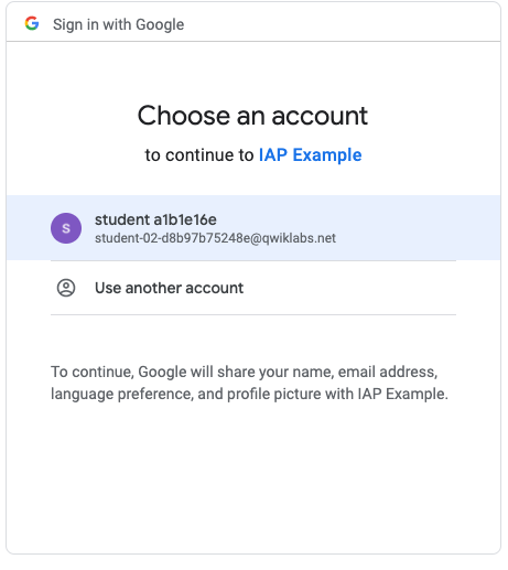 The Google sign in pop-up, wherein a student user is displayed.