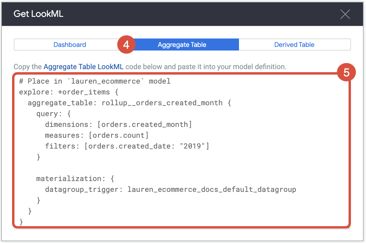 The process continued where you then go to the Aggregate Table tab, and finally copy the Aggregate Table LookML code