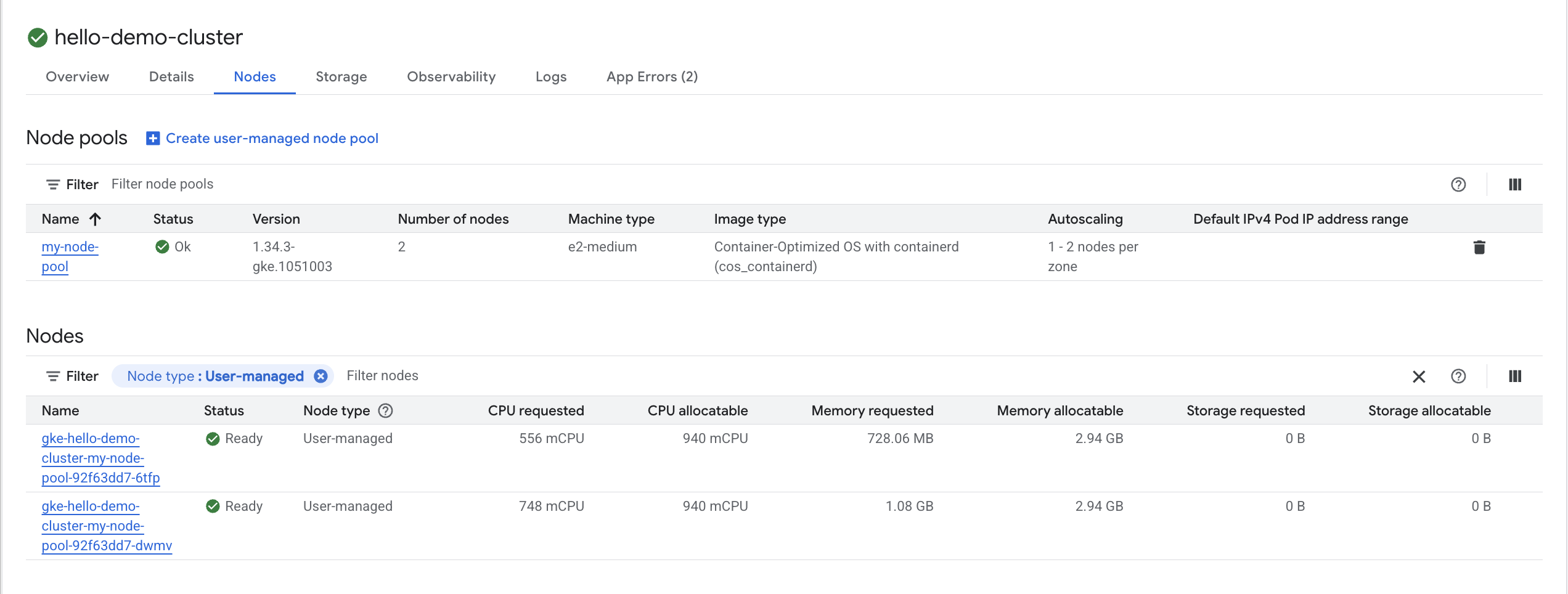 The Nodes tab highlighted within the hello-demo-cluster.