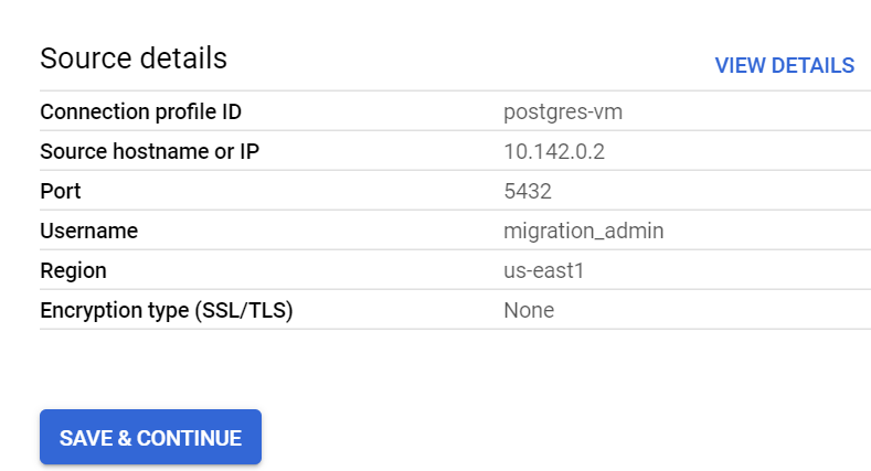 After you select the source connection profile, you can see its configuration details, including source hostname or IP address, port, username, and encryption type.