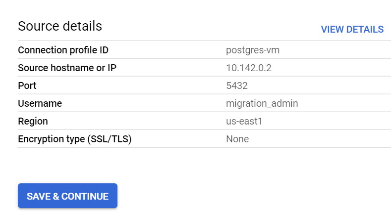 Dopo aver selezionato il profilo di connessione di origine, puoi visualizzarne i dettagli di configurazione, inclusi nome host o indirizzo IP di origine, porta, nome utente e tipo di crittografia.