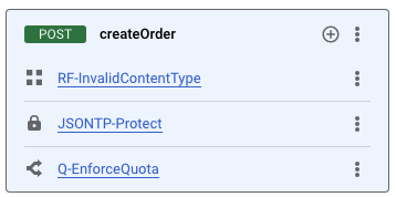 Flow: createOrder panel displaying the newly created Q-EnforceQuota policy as the last step in the flow