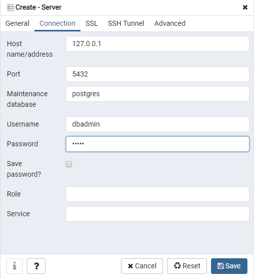 Connection tab with Host name/address, Username and Password fields populated