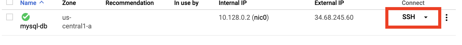 The highlighted SSH drop-down menu in the mysql-db VM instance.
