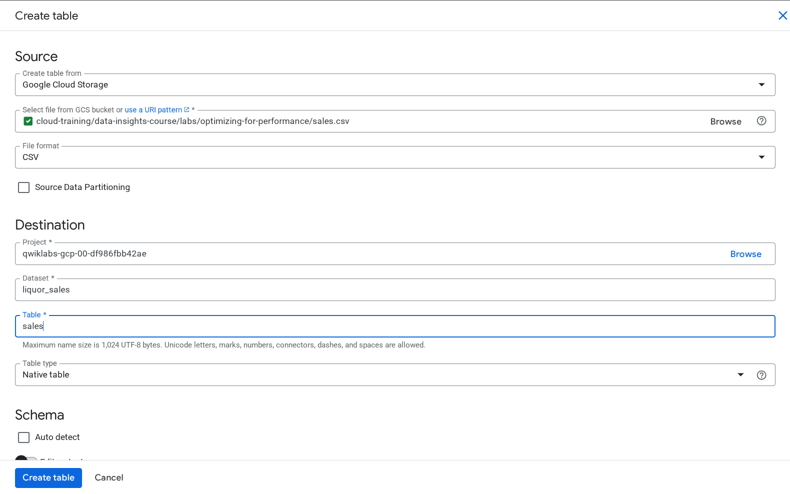 Set schema table name to sales