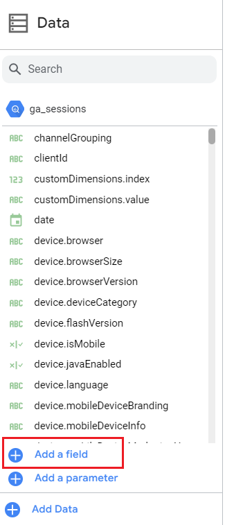 The Data panel, which includes options such as Add a field and Add Data.