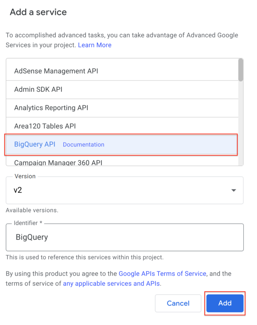 Add a service dialog box, with the highlighted option BigQuery API, and the Add button.