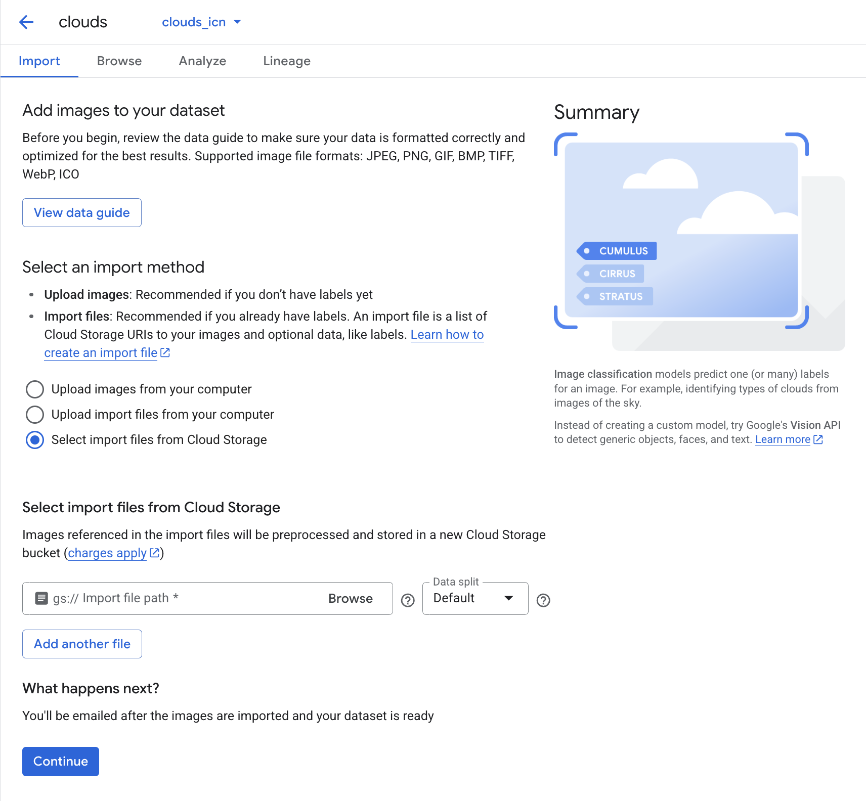 Select a CSV file on Cloud Storage section