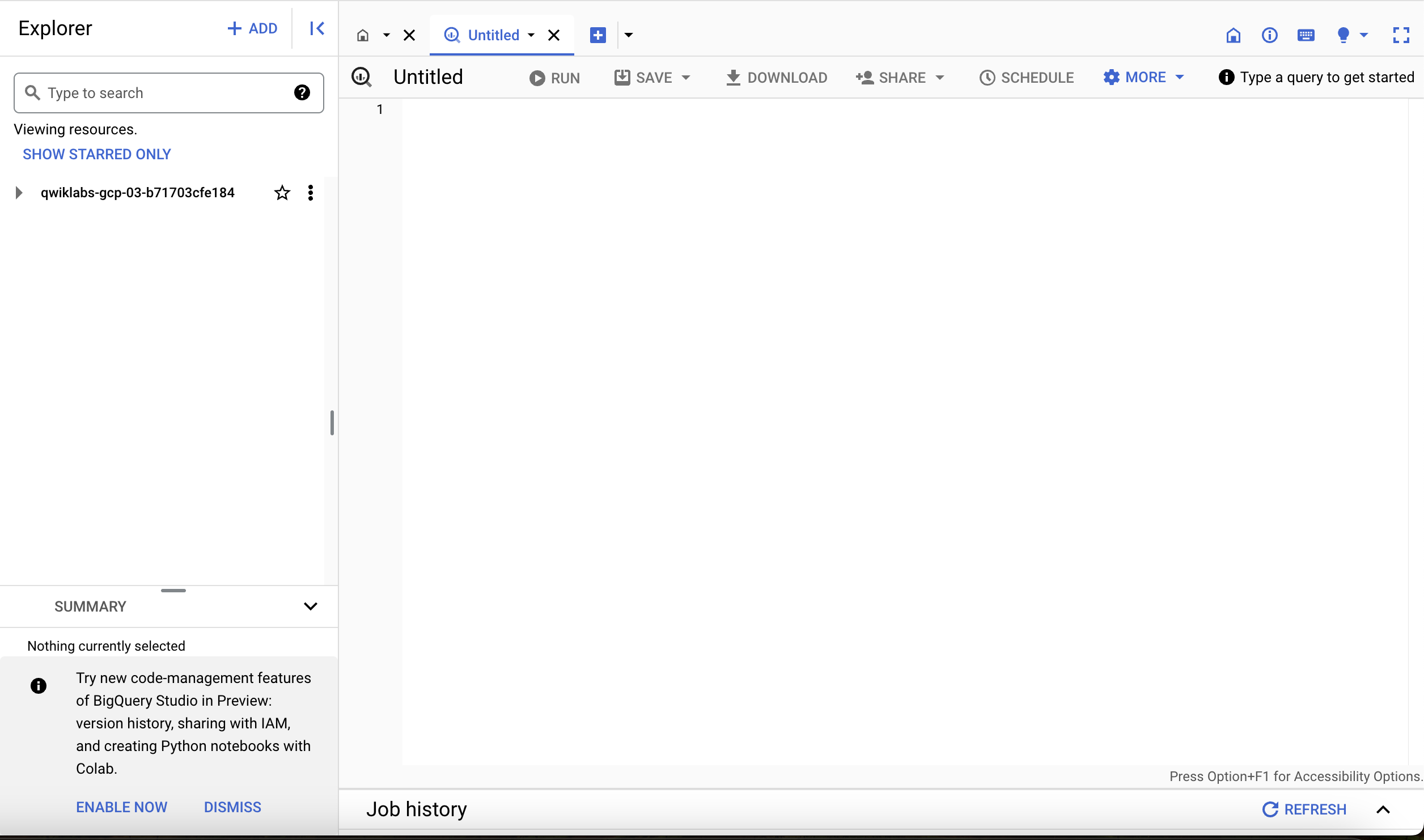BigQuery console with the Editor tab opening a blank page.