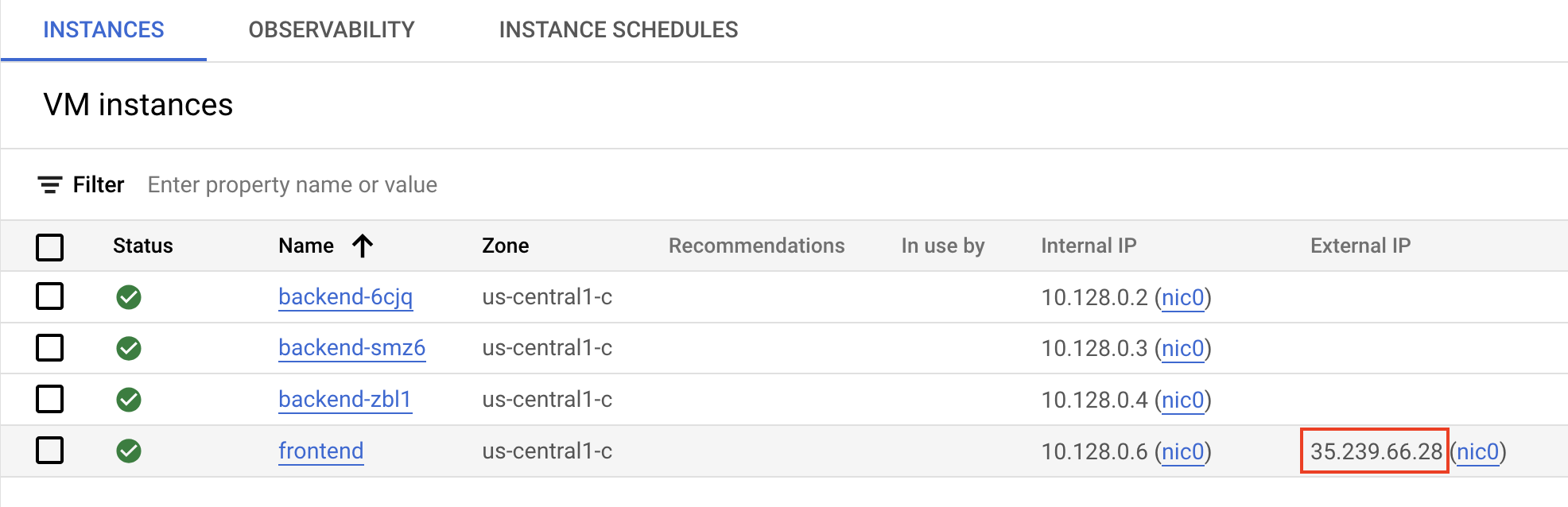 The VM instances page displaying the IP address of the selected frontend