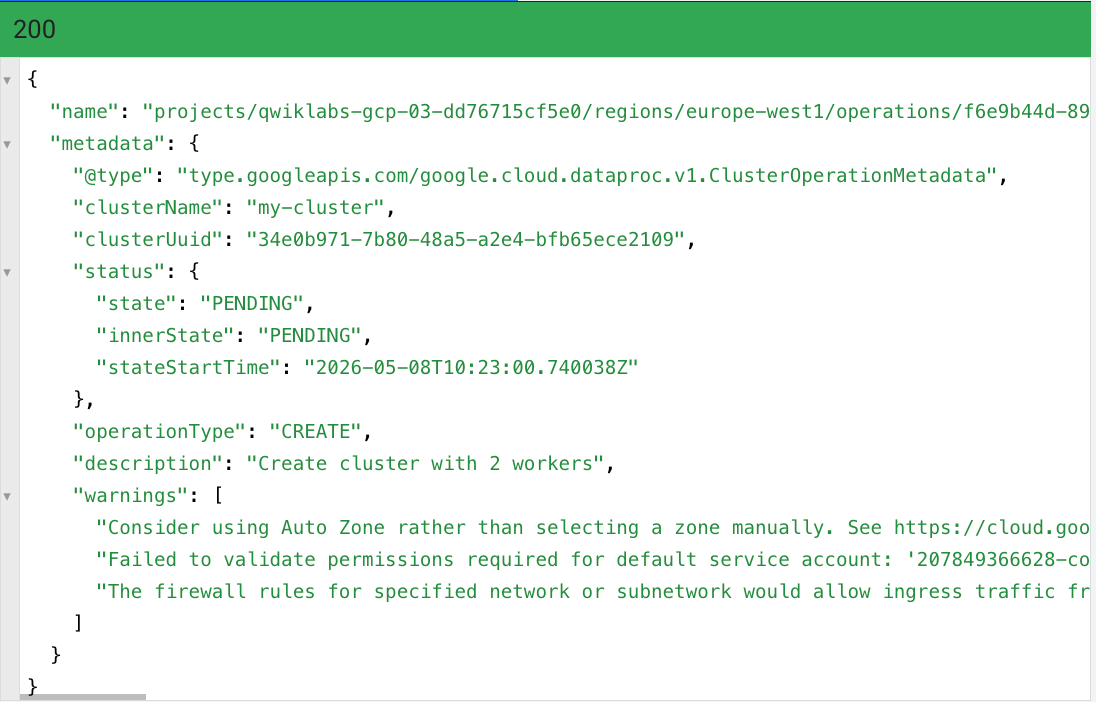 The Dataproc API results