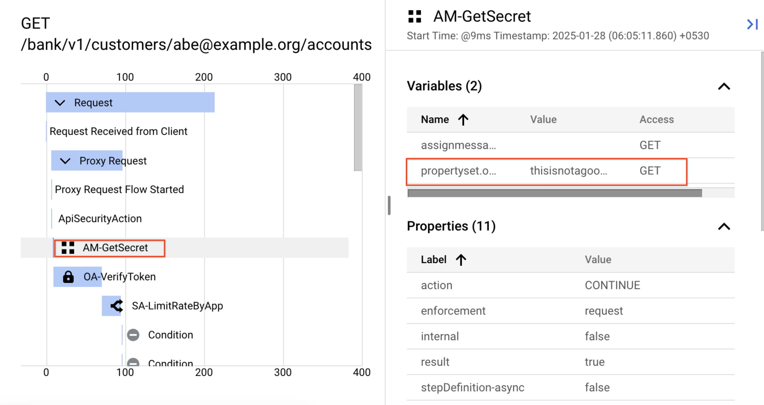 The Apigee UI page, with the AssignMessage icon and Variables Read description highlighted.