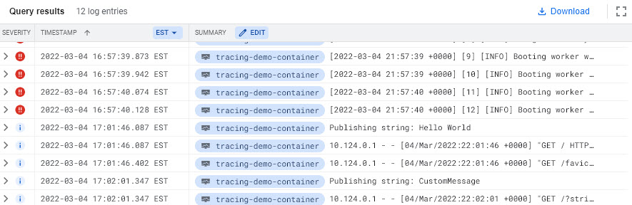 The query results page, which includes a list of logs.