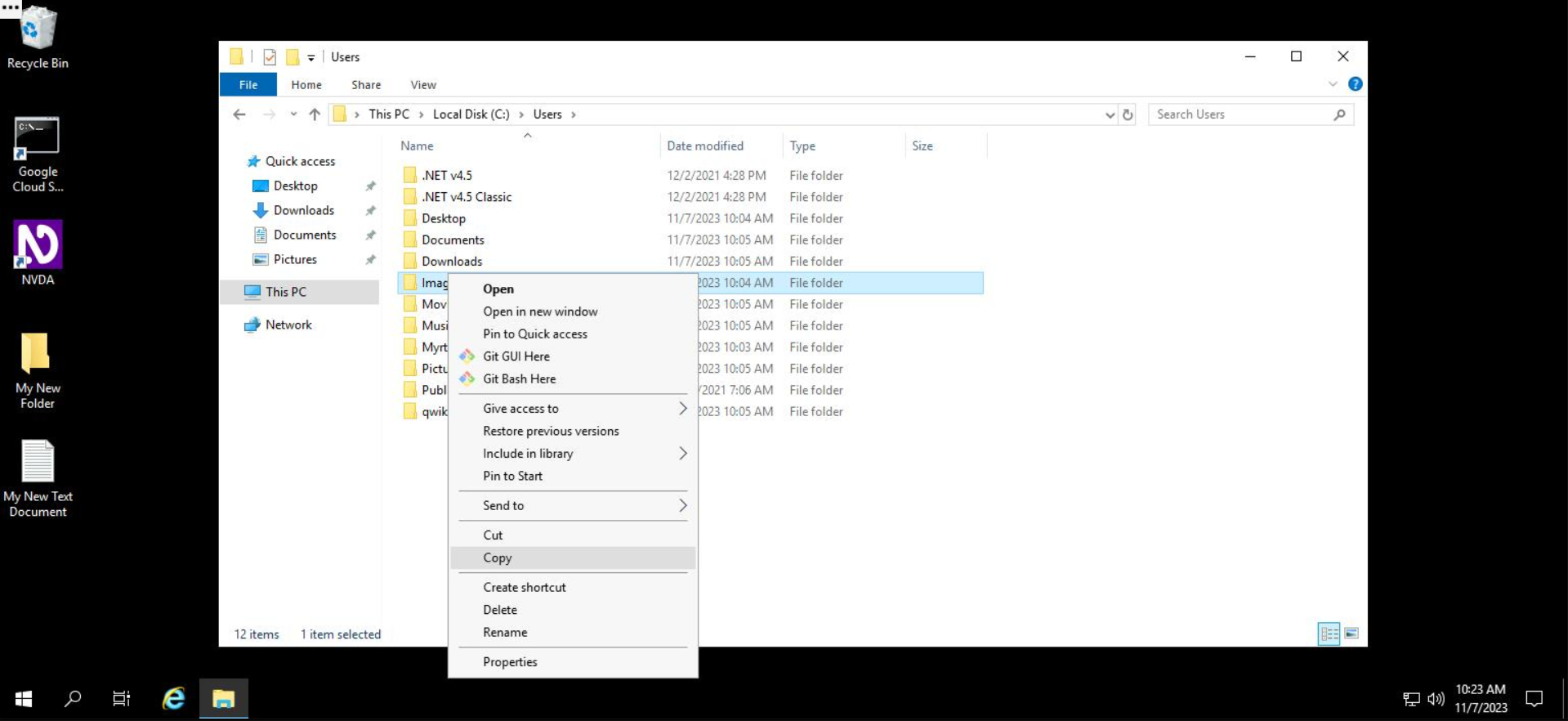 Screenshot of a Windows desktop, open to File Explorer. Within File Explorer, the user is following the file path "This PC", "Local Disk (C:)", "Users" and are in the "Users" folder. WIthin the "Users" folder, the "Images" folder is highlighted by the cursor and the right-click / context menu is open. Within the right-click menu, "Copy" is highlighted.