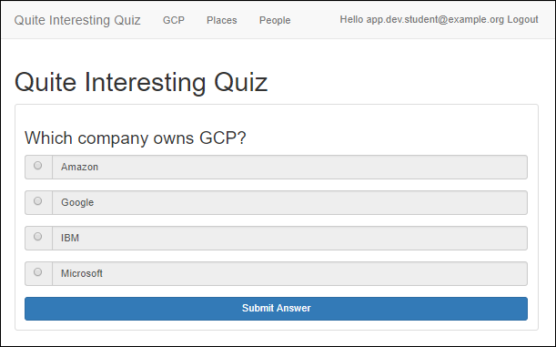 The quiz question, along with a list of possible answers and the Submit Answer button.