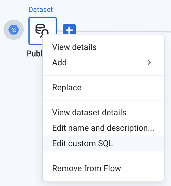 Expanded Publications_Pre2013 Dataset dropdown menu with Edit Custom SQL option highlighted