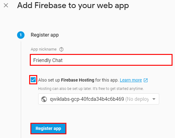 Add Firebase to your add web app window. Step 1: Register app section