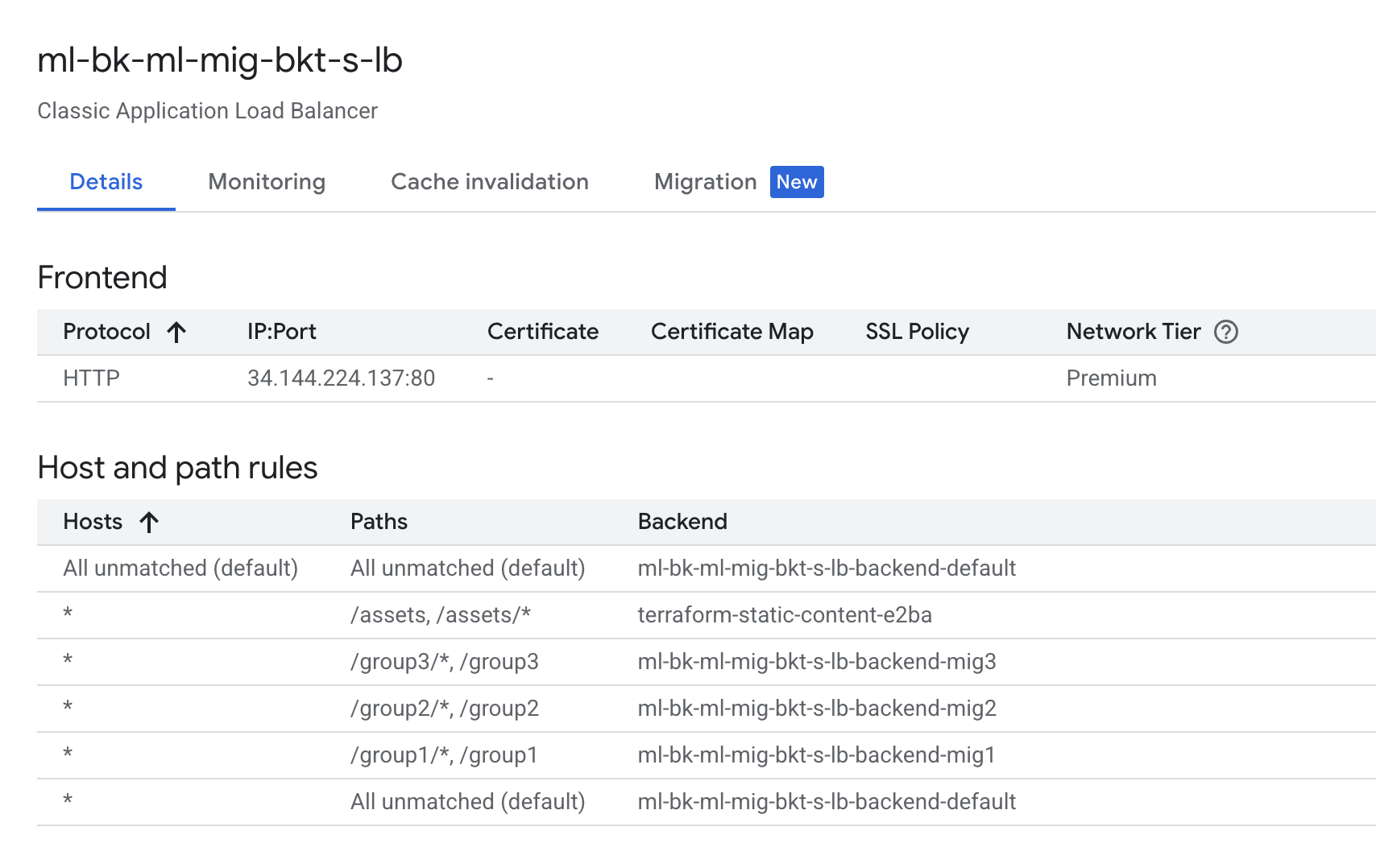 Load Balancer Frontend listing the available details, including the various protocols, hosts, and path rules.