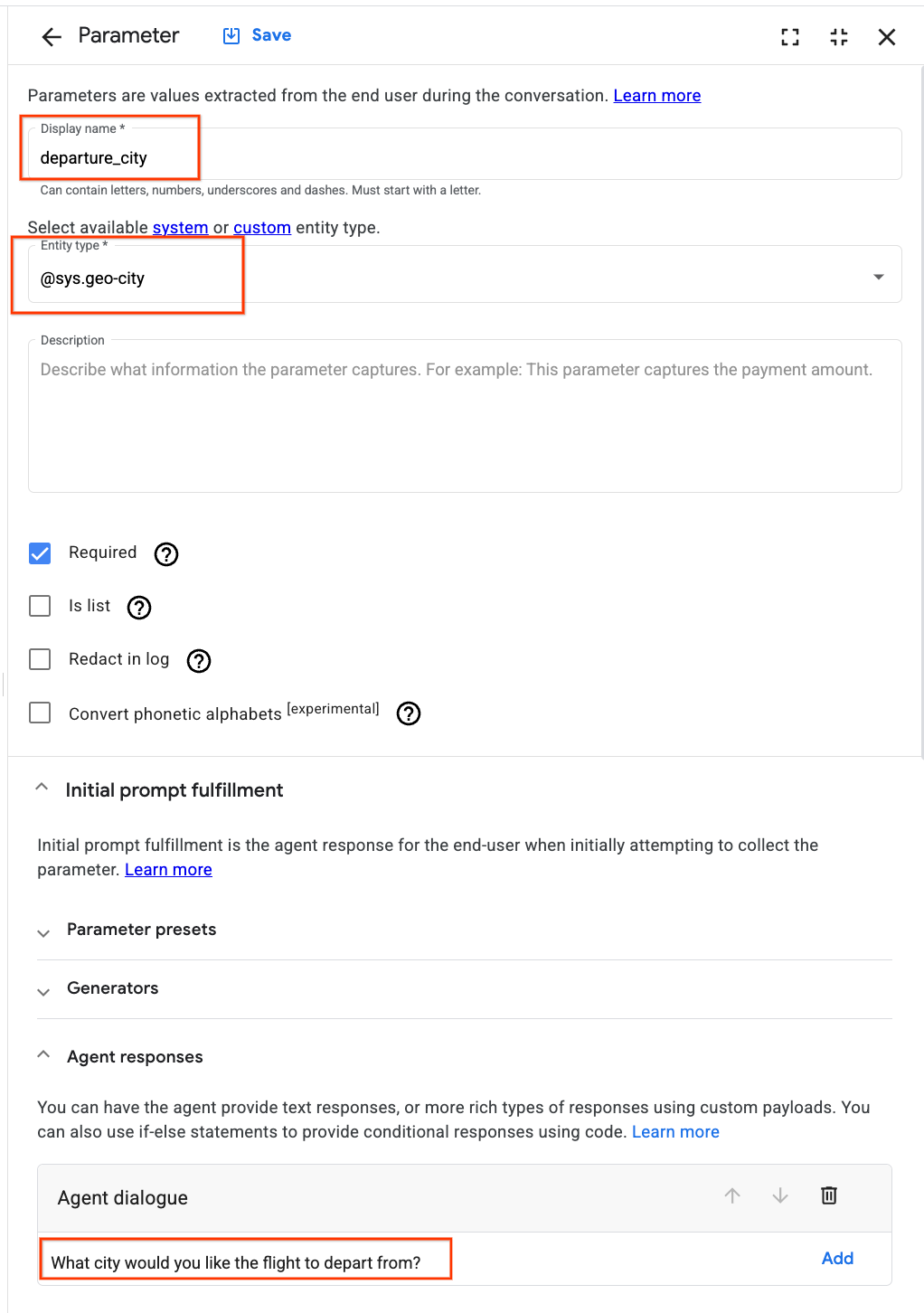 Initial prompt fulfillment section with Agent dialogue field populated