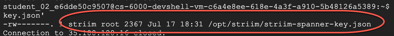 Output: strim root 2367 Jul 17 18:31 /opt/striim/striim-spanner-key.json