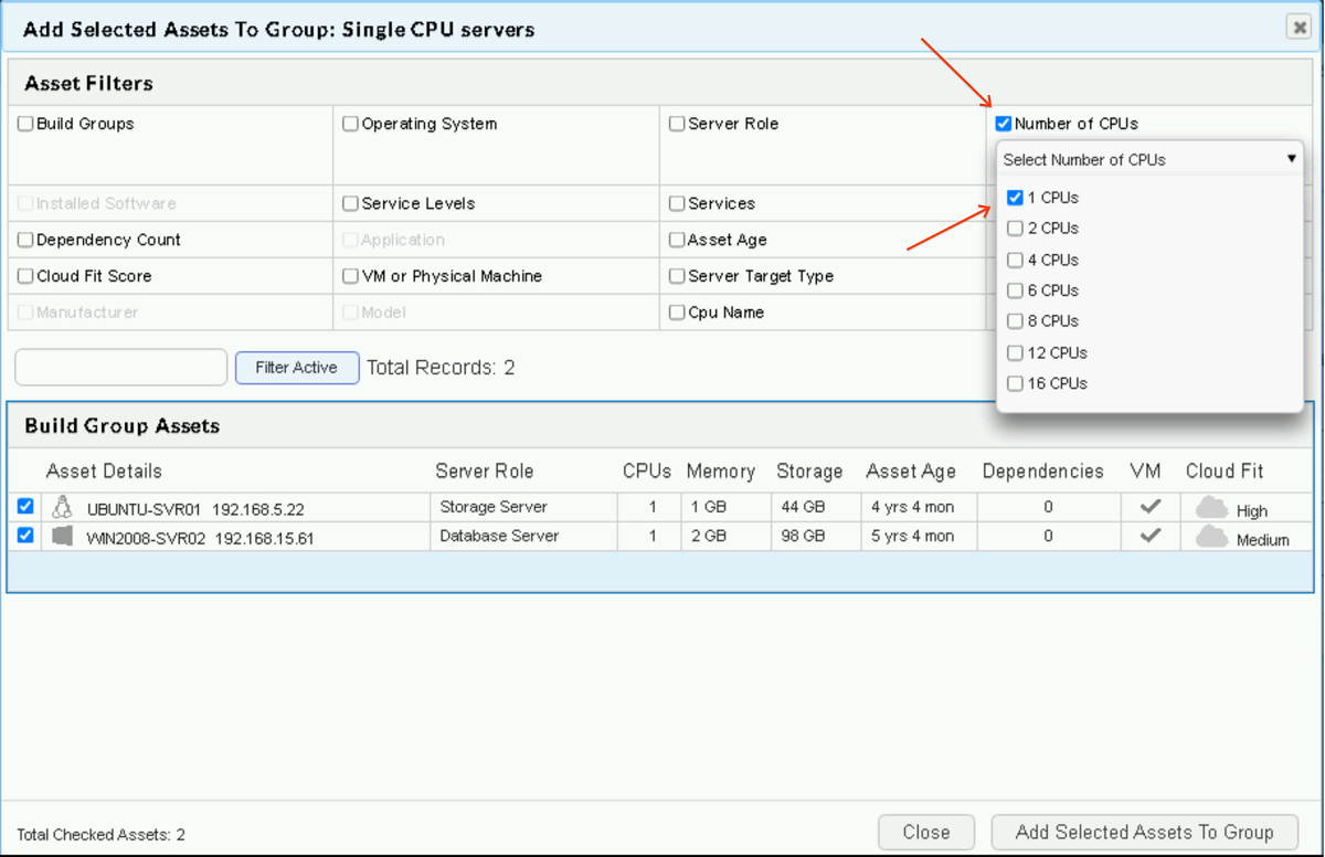 The Single CPU servers page, wherein the 1 CPUs option is highlighted within the Number of CPUs sub-menu.
