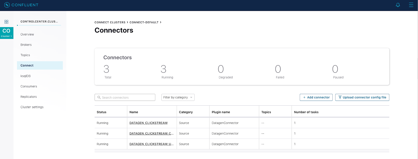 The Connectors page displaying the Connectors list which includes three running connectors