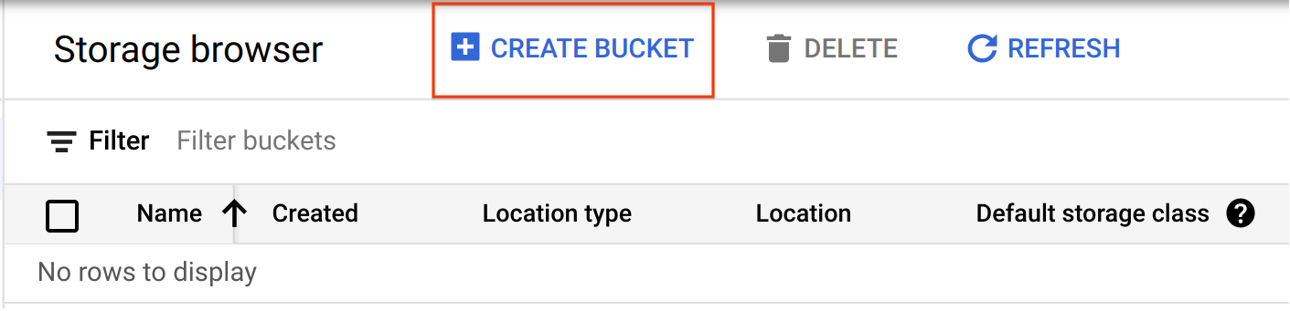  Cloud Console Storage Browser. Create Bucket button is highlighted.