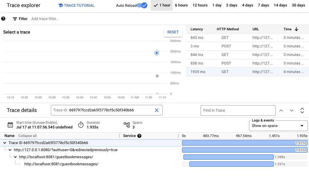 The Selected trace details page, which includes its trace ID, log, and summary.