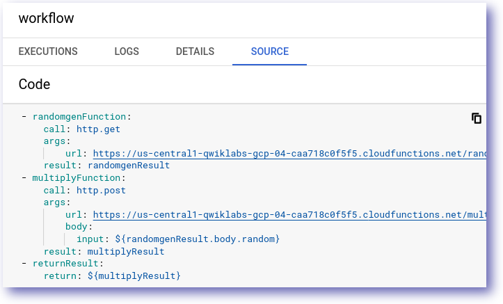 Source tabbed page displaying workflow code