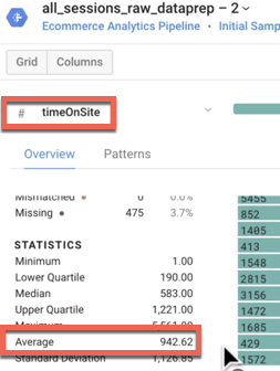 Overview tabbed window of the column timeOnSite