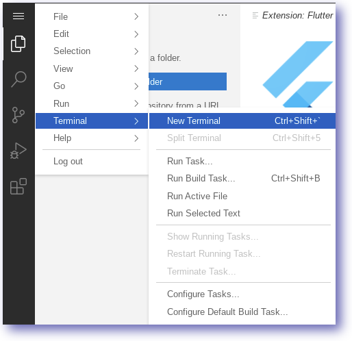 The navigation path to the New Terminal option in the Terminal submenu of the expanded naviagtion menu