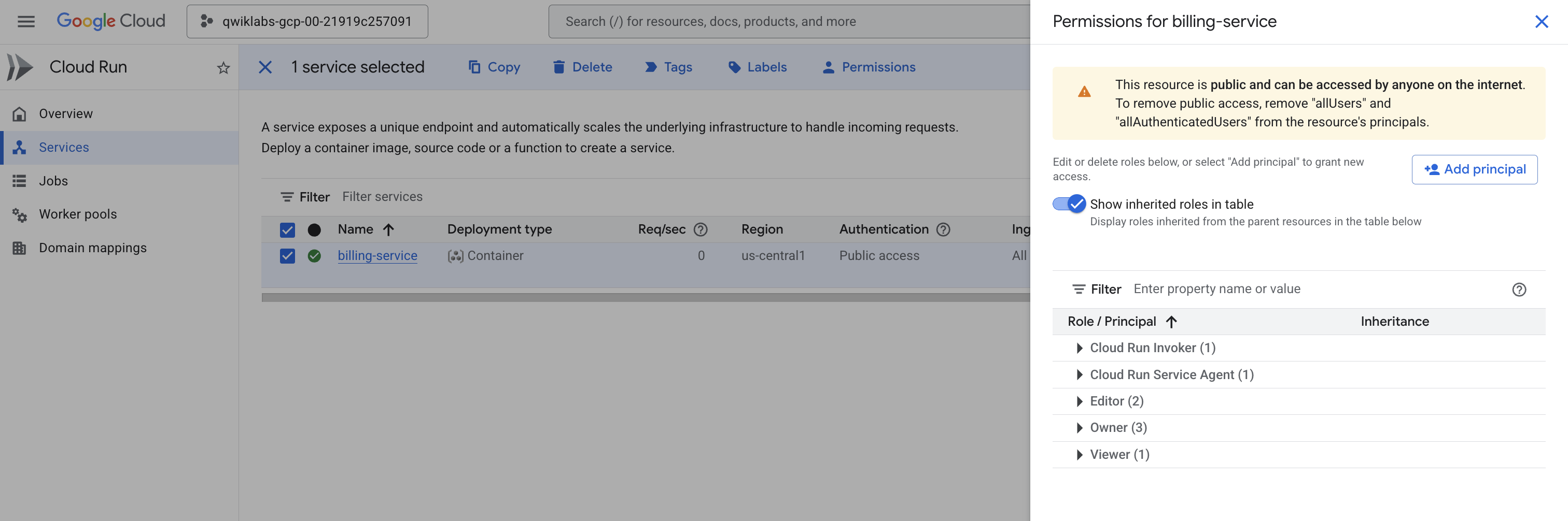 The Cloud Run page, which includes the selected billing service.
