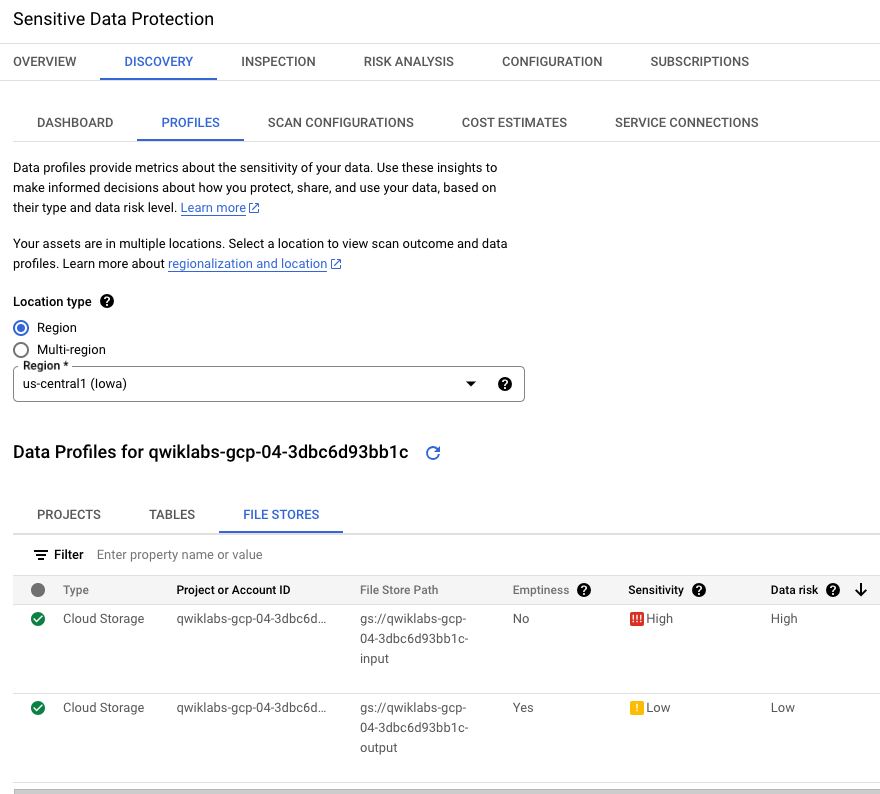 Discovery profiles of the two Cloud Storage buckets