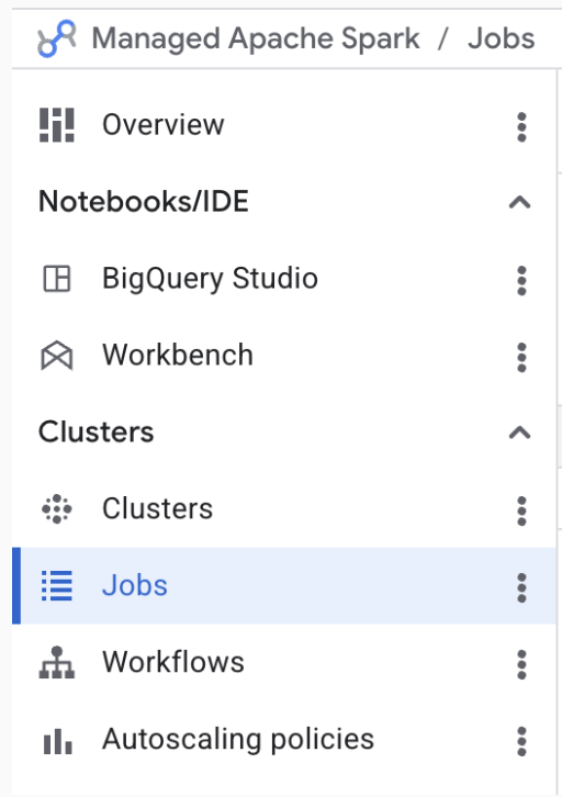 The expanded Managed Service for Apache Spark menu with the Jobs option highlighted