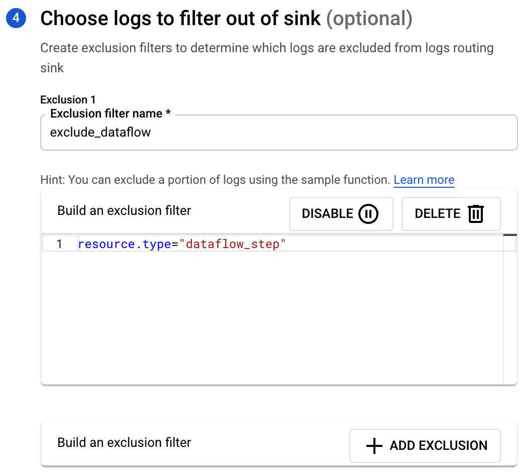 Choose logs to filter out of sink (optional) page displaying the populated Exclusion filter name field.