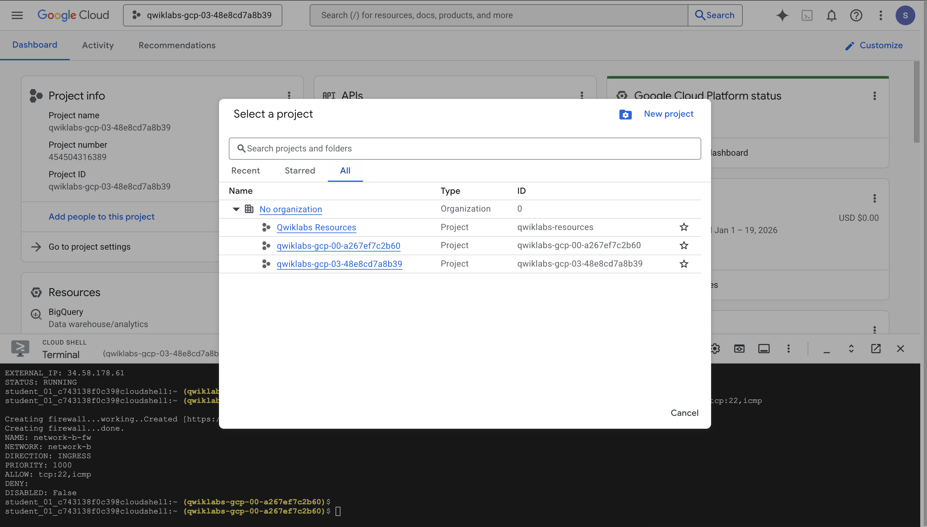 Select project dialog box