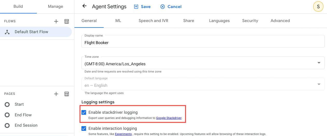 Agent Settings General tabbed page with Enable stackdriver logging option selected