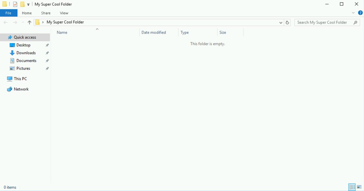 Screenshot of Windows Explorer view of the contents of "My Super Cool Folder". Contents show "This folder is empty."