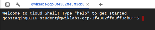 Invite Cloud Shell affichant le message : Welcome to Cloud Shell! Type &quot;help&quot; to get started.