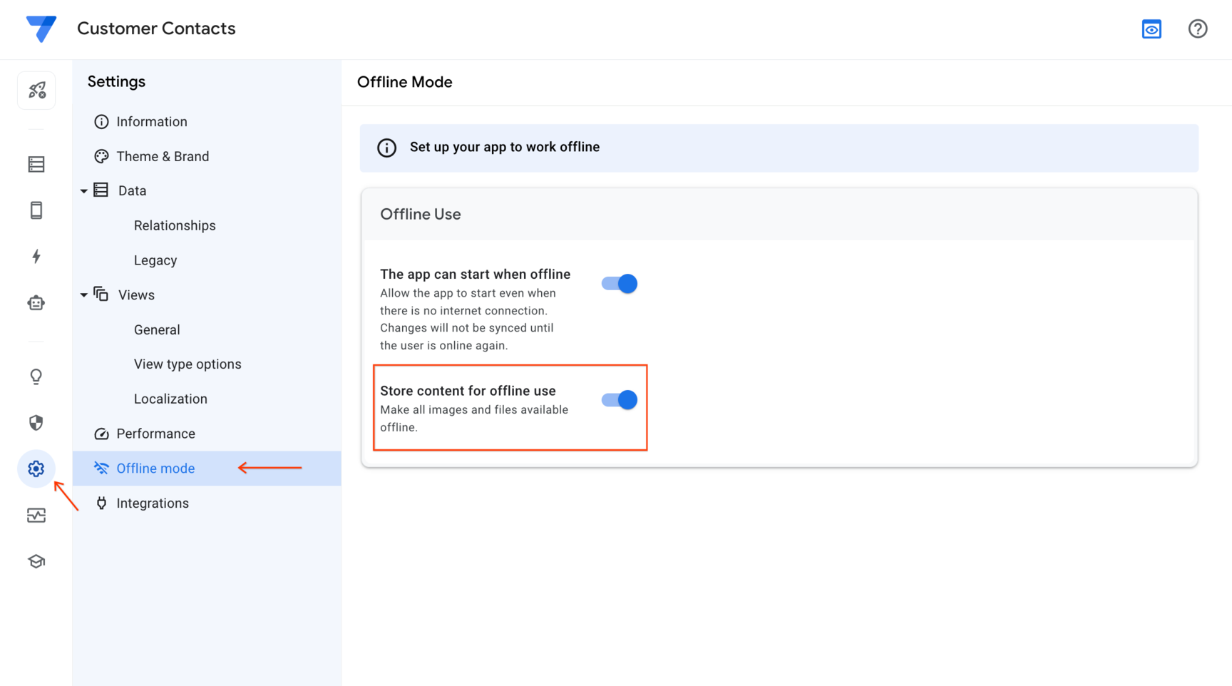 Offline content caching toggle enabled.